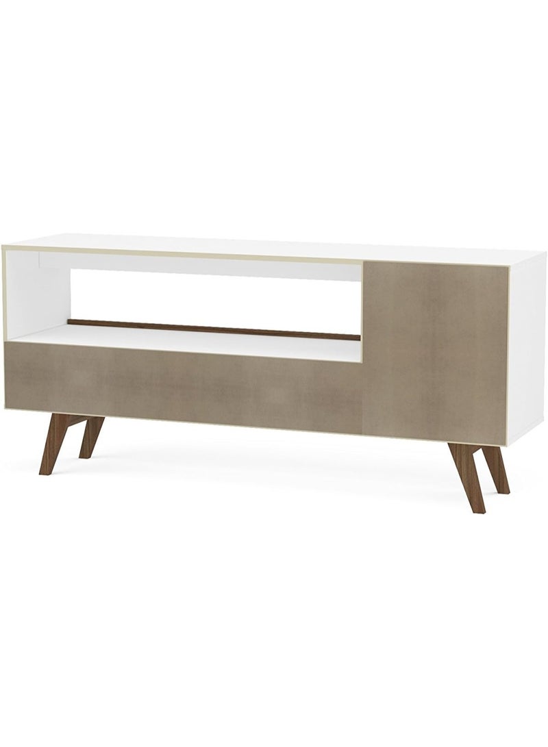 Polifurniture Porto Seguro 59" TV Stand, One Door & One Drawer, White/Brown Walnut - Image 4